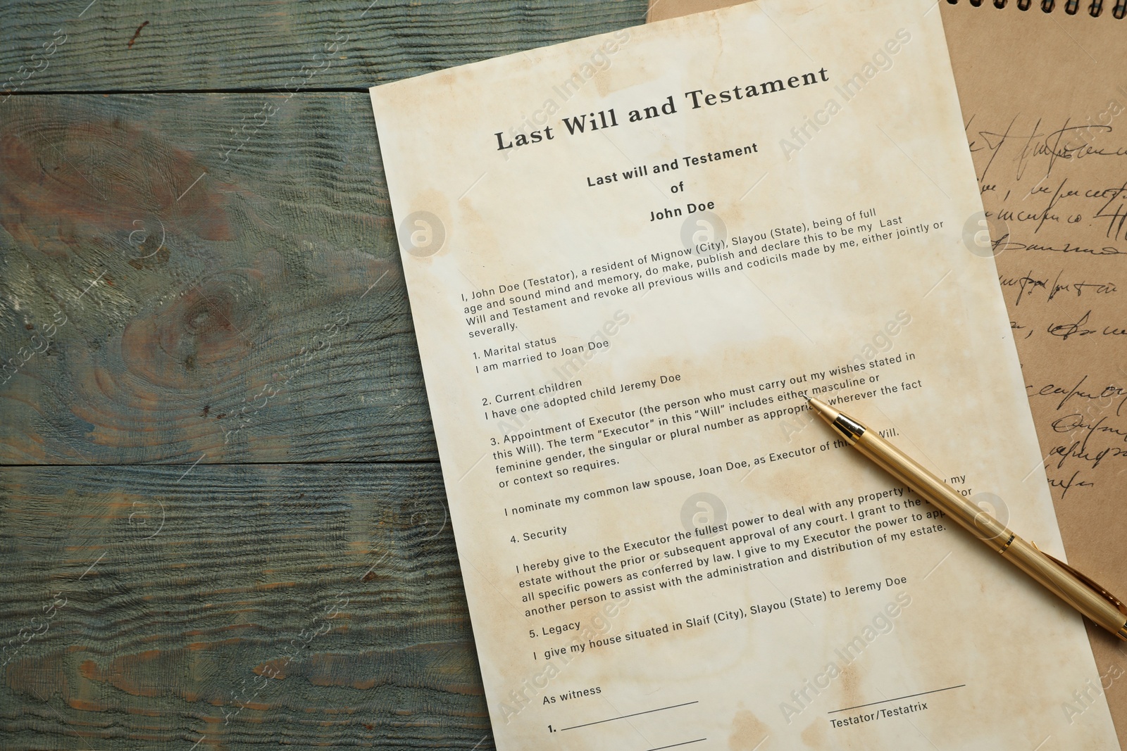 Photo of Last Will and Testament, notebook and pen on rustic wooden table, top view. Space for text