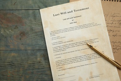 Photo of Last Will and Testament, notebook and pen on rustic wooden table, top view. Space for text