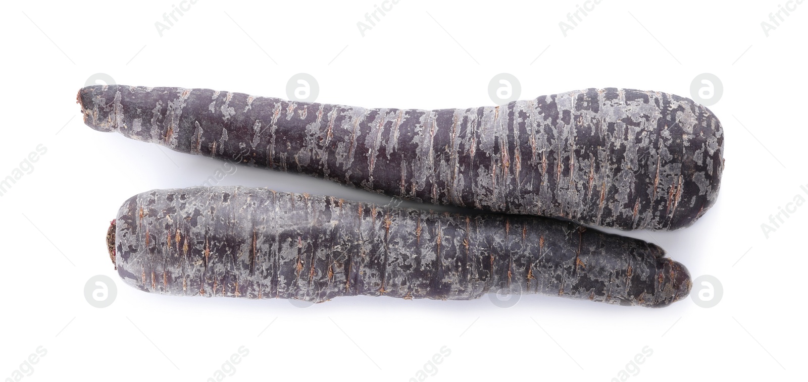 Photo of Raw black carrots isolated on white, top view