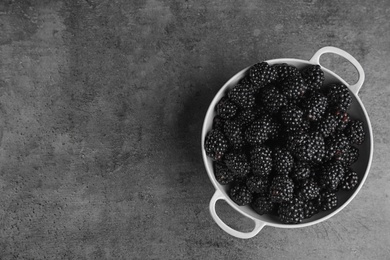 Bowl of tasty ripe blackberries on grey table, top view with space for text