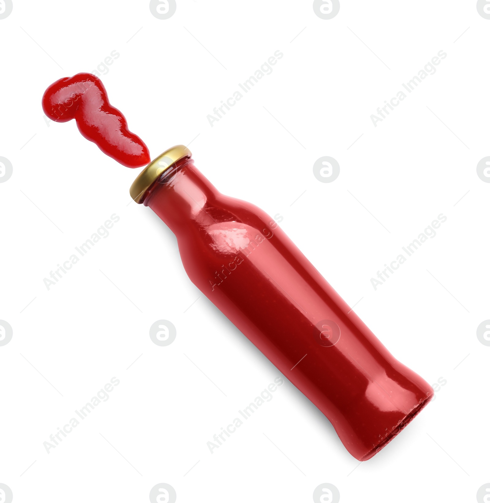 Bottle with tasty ketchup isolated on white, top view Photo of Bottle with tasty ketchup isolated on white, top view