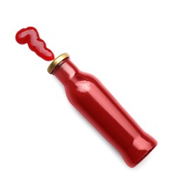 Photo of Bottle with tasty ketchup isolated on white, top view