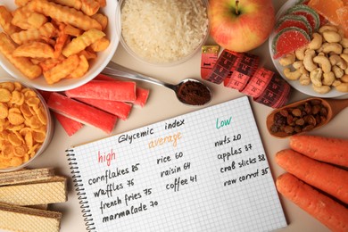 Photo of Glycemic index. Notebook with information, measuring tape and products on beige background, flat lay