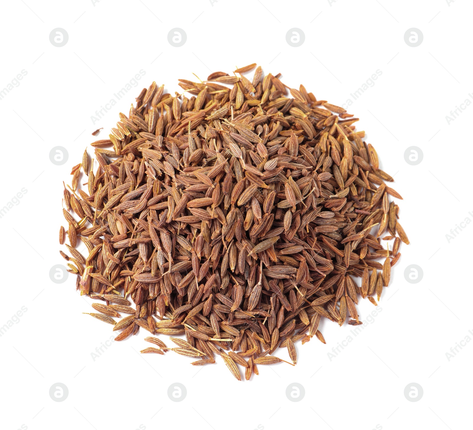 Photo of Heap of aromatic caraway (Persian cumin) seeds isolated on white, top view