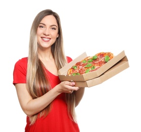 Photo of Attractive young woman with delicious pizza on white background