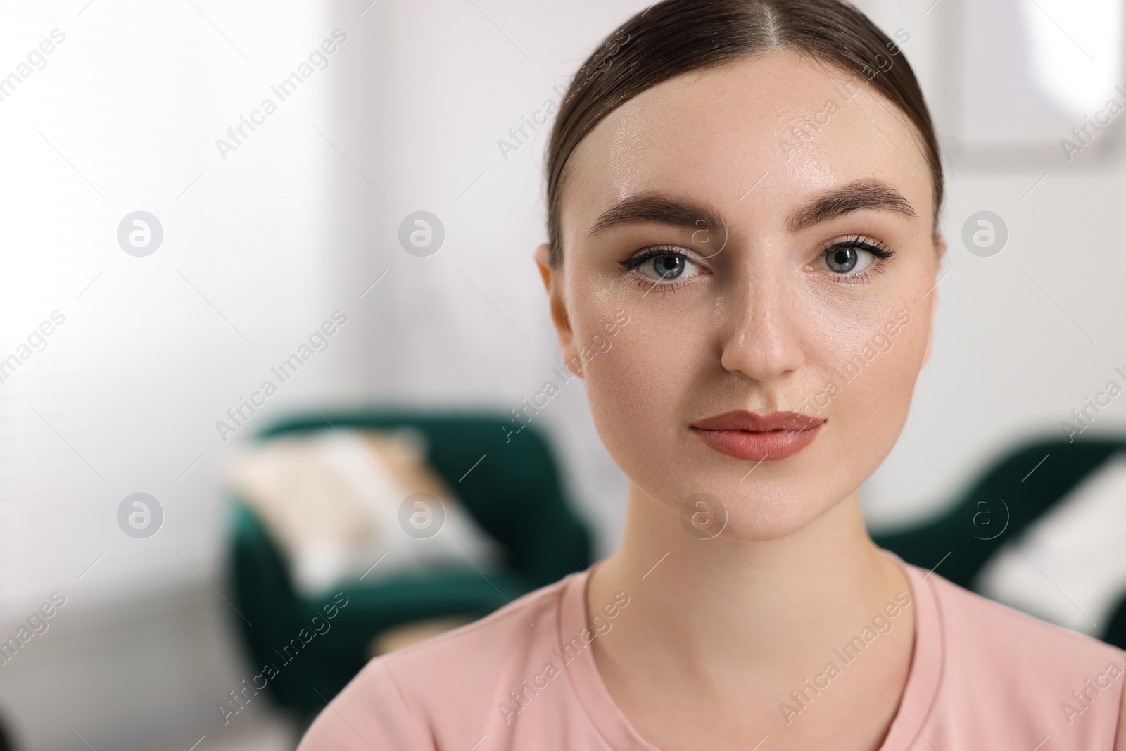 Photo of Portrait of beautiful woman indoors, space for text