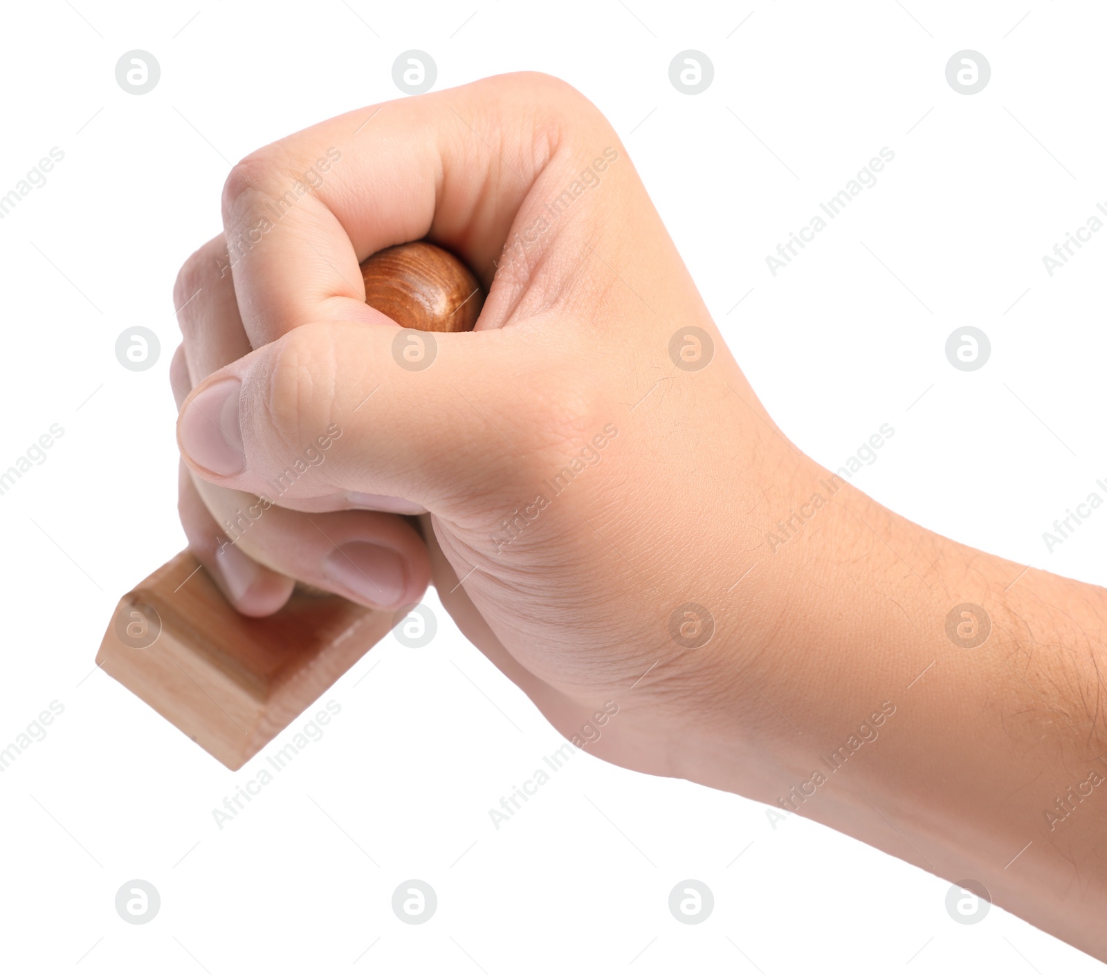 Photo of Man with wooden stamp tool on white background, closeup