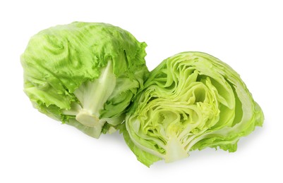 Photo of Whole and cut fresh green iceberg lettuces isolated on white, top view