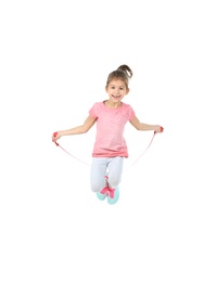 Full length portrait of girl jumping rope on white background