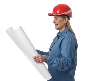 Photo of Architect in hard hat with draft on white background