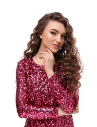 Photo of Beautiful young woman with long curly brown hair in pink sequin dress on white background