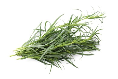 Bunch of fresh tarragon on white background, top view