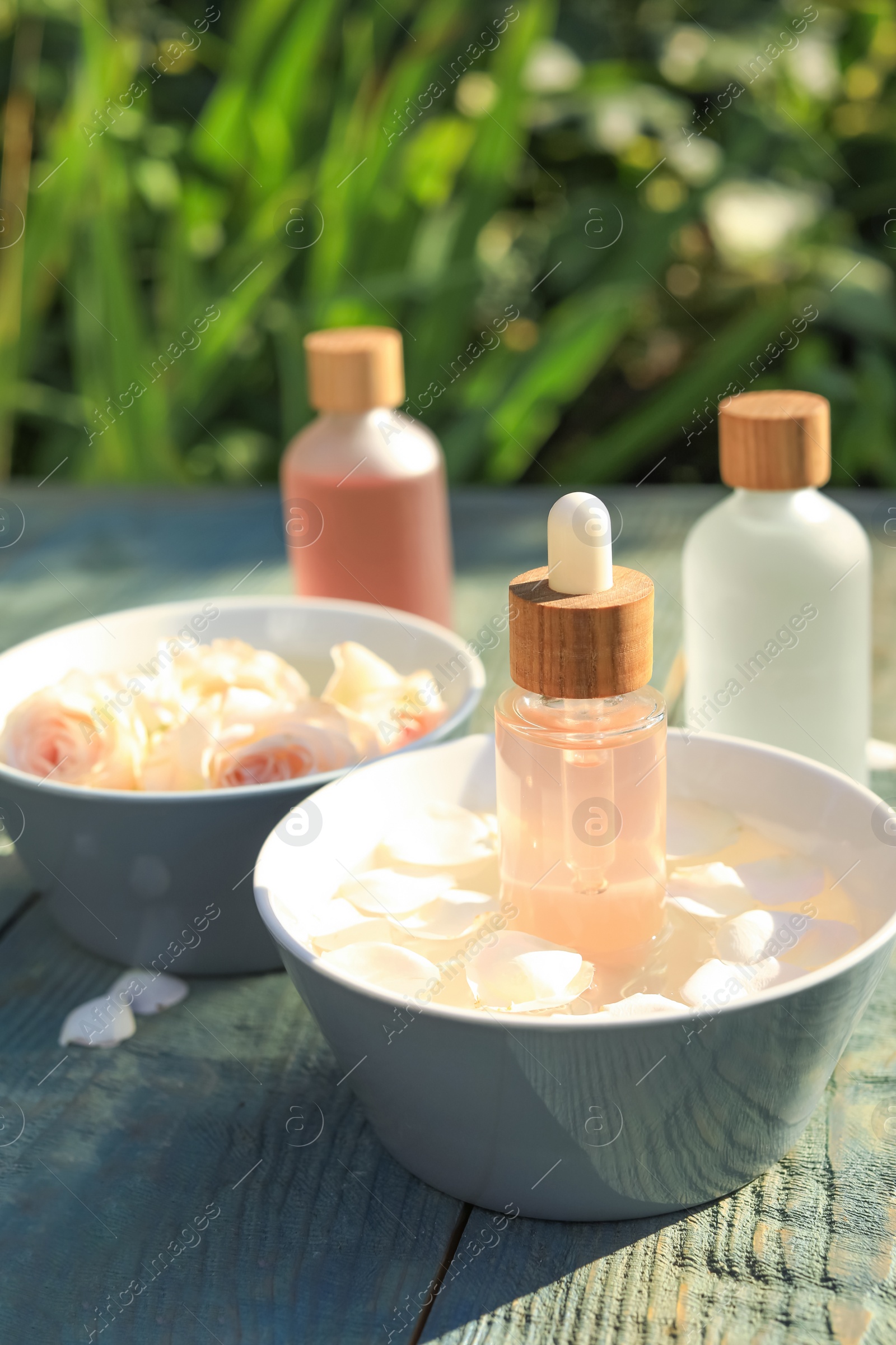 Photo of Bottles of rose essential oil and petals on light blue wooden table