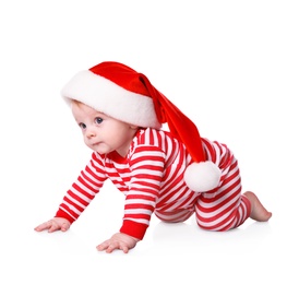 Photo of Cute baby in Santa hat and bright Christmas pajamas on white background