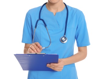 Medical doctor with stethoscope and clipboard isolated on white, closeup