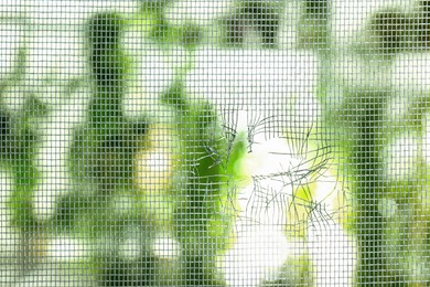 Torn window screen against blurred background, closeup