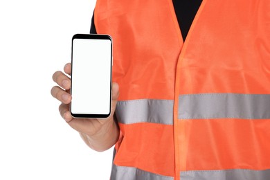 Photo of Man in reflective uniform showing smartphone on white background, closeup