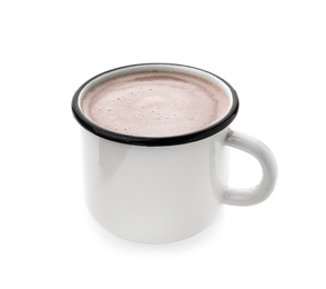 Photo of Delicious cocoa drink in mug on white background