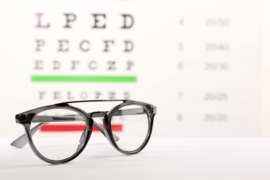 Photo of Glasses with corrective lenses on table against eye chart