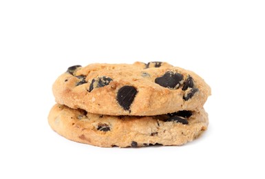 Delicious chocolate chip cookies on white background