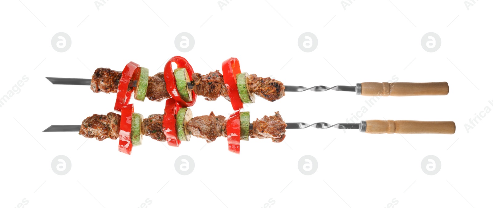Photo of Metal skewers with delicious meat and vegetables on white background, top view