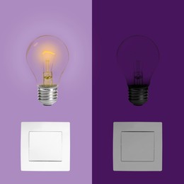 Image of Turned ON and OFF light switches and bulbs, collage