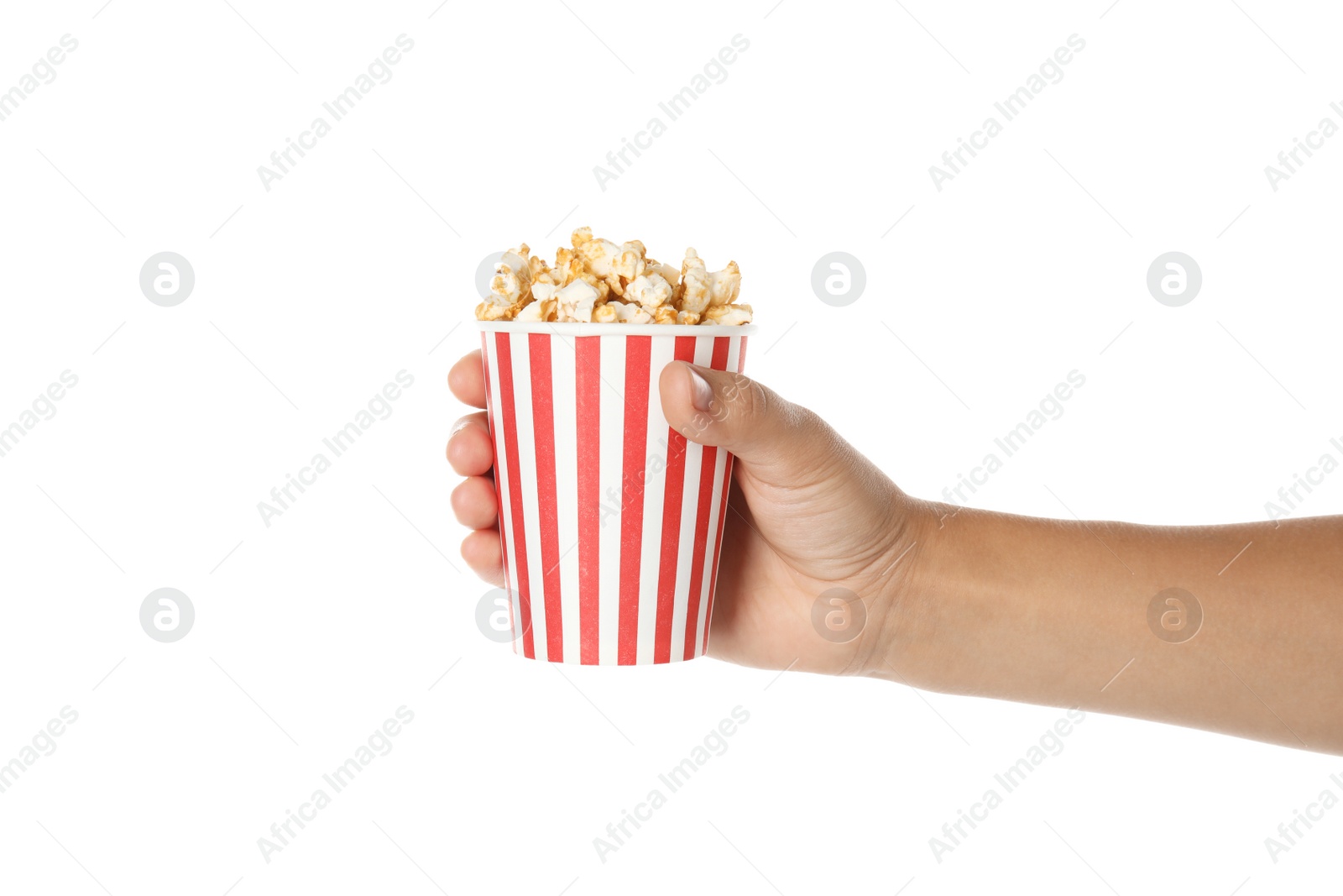 Photo of Woman holding cup with delicious popcorn on white background, closeup