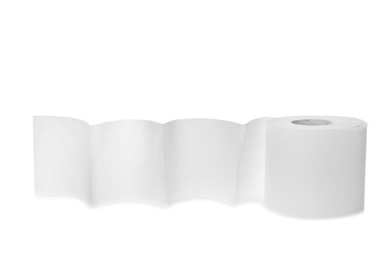 Roll of toilet paper on white background