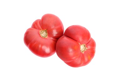 Photo of Fresh ripe red tomatoes on white background, top view