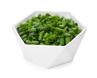 Photo of Bowl with chopped green onion on white background