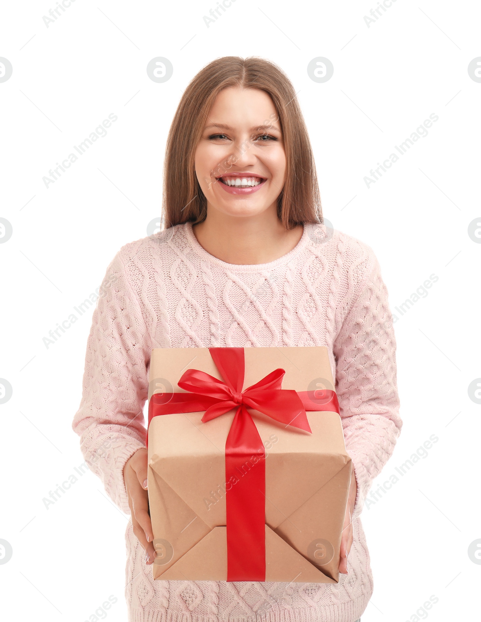 Photo of Happy young woman with Christmas gift on white background