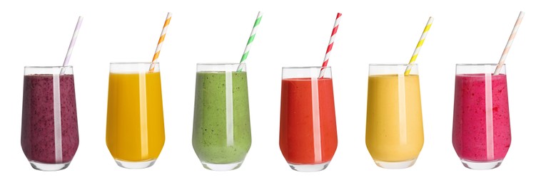 Set with different tasty smoothies on white background. Banner design