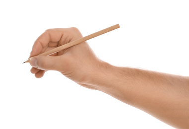 Photo of Man holding pencil on white background, closeup of hand
