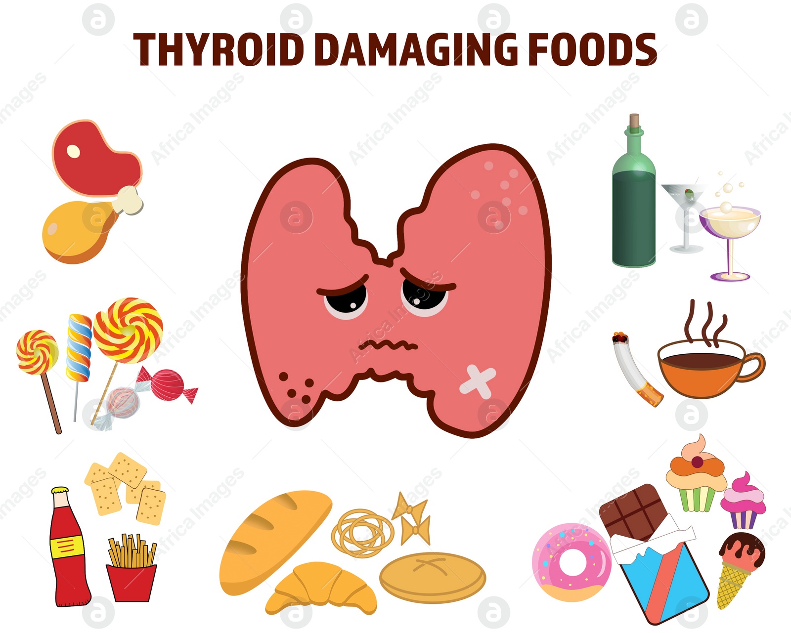 Illustration of  thyroid and different products harmful for it on white background. Medical poster