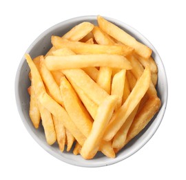 Photo of Bowl with tasty French fries on white background, top view