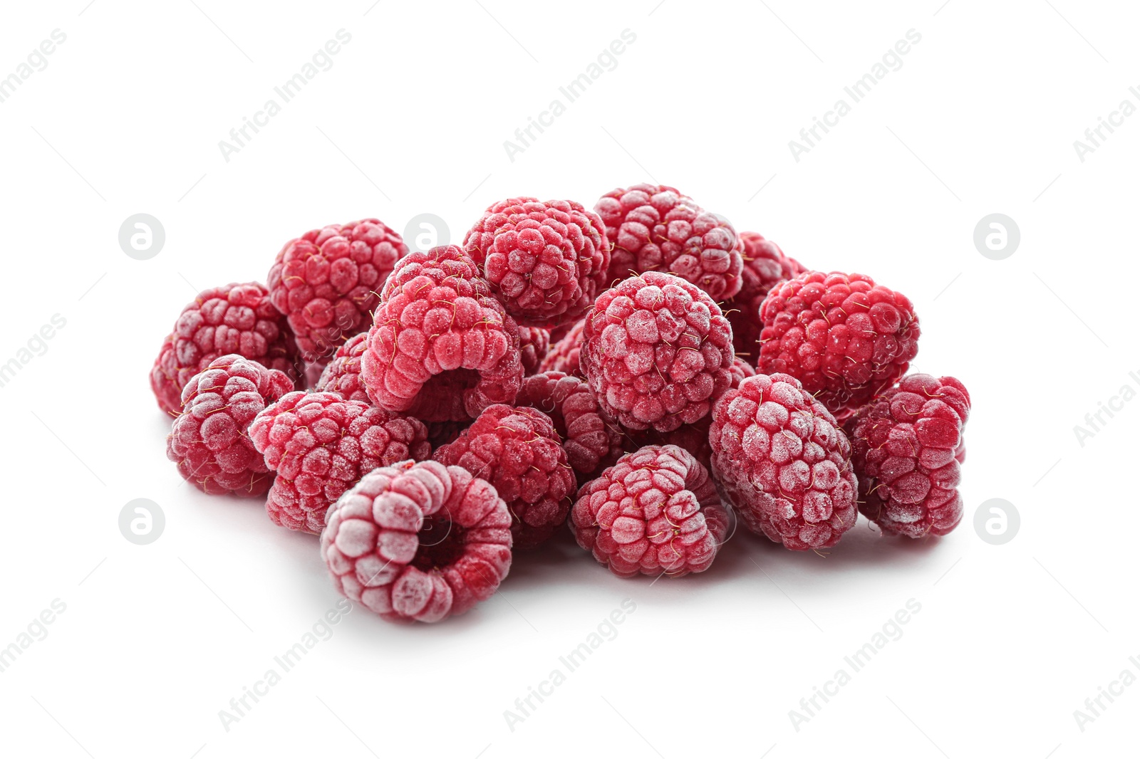 Photo of Heap of tasty frozen raspberries on white background