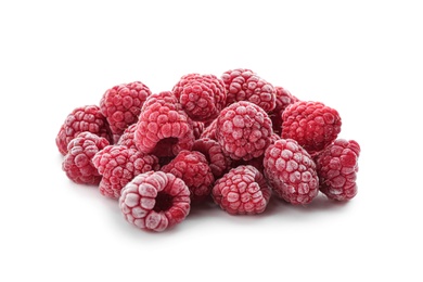 Heap of tasty frozen raspberries on white background