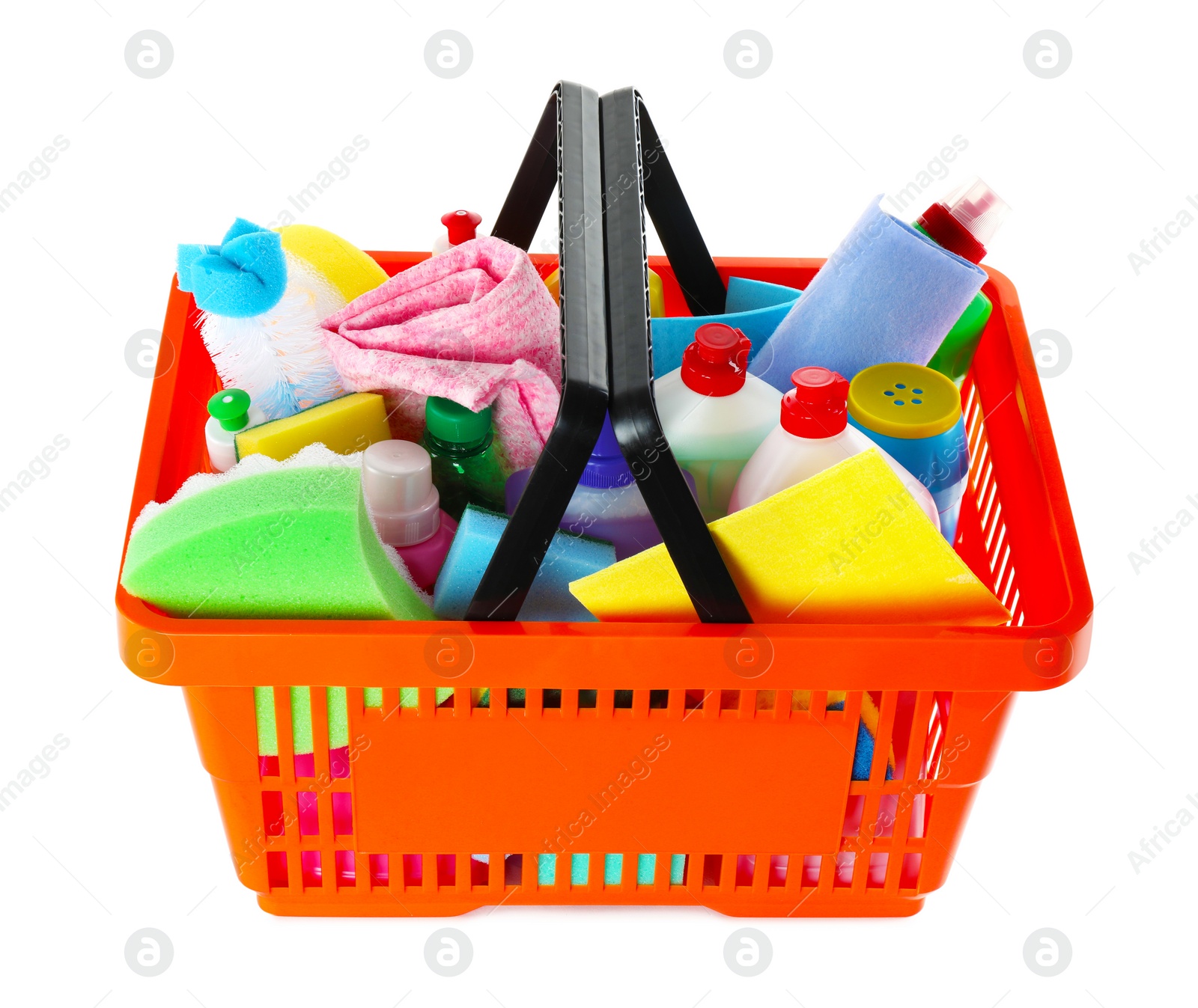 Photo of Shopping basket full of detergents on white background