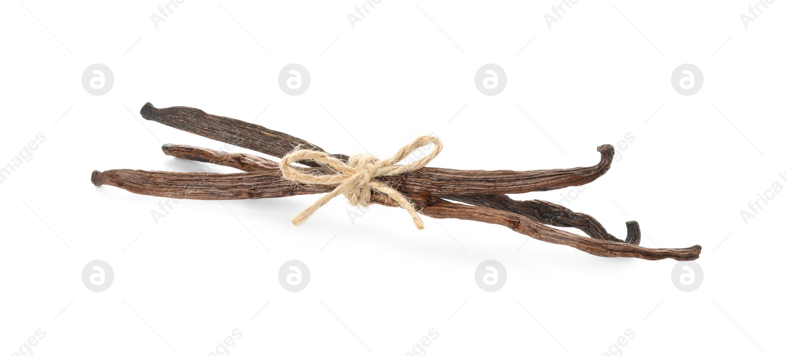 Photo of Many aromatic vanilla pods isolated on white, top view