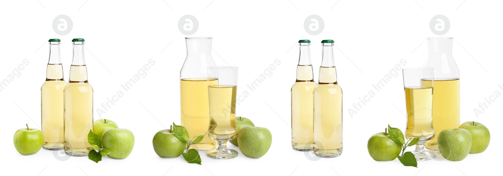 Image of Set with tasty apple cider and fresh fruits isolated on white