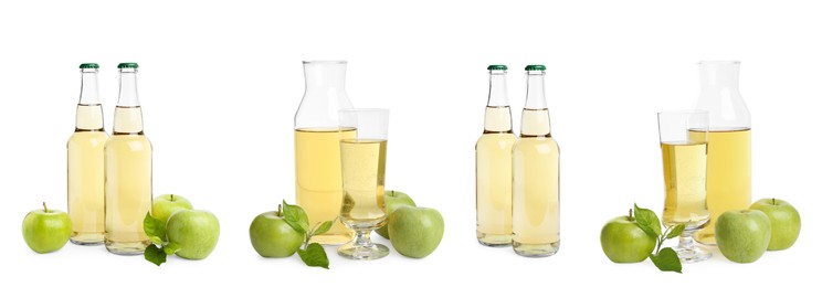 Image of Set with tasty apple cider and fresh fruits isolated on white