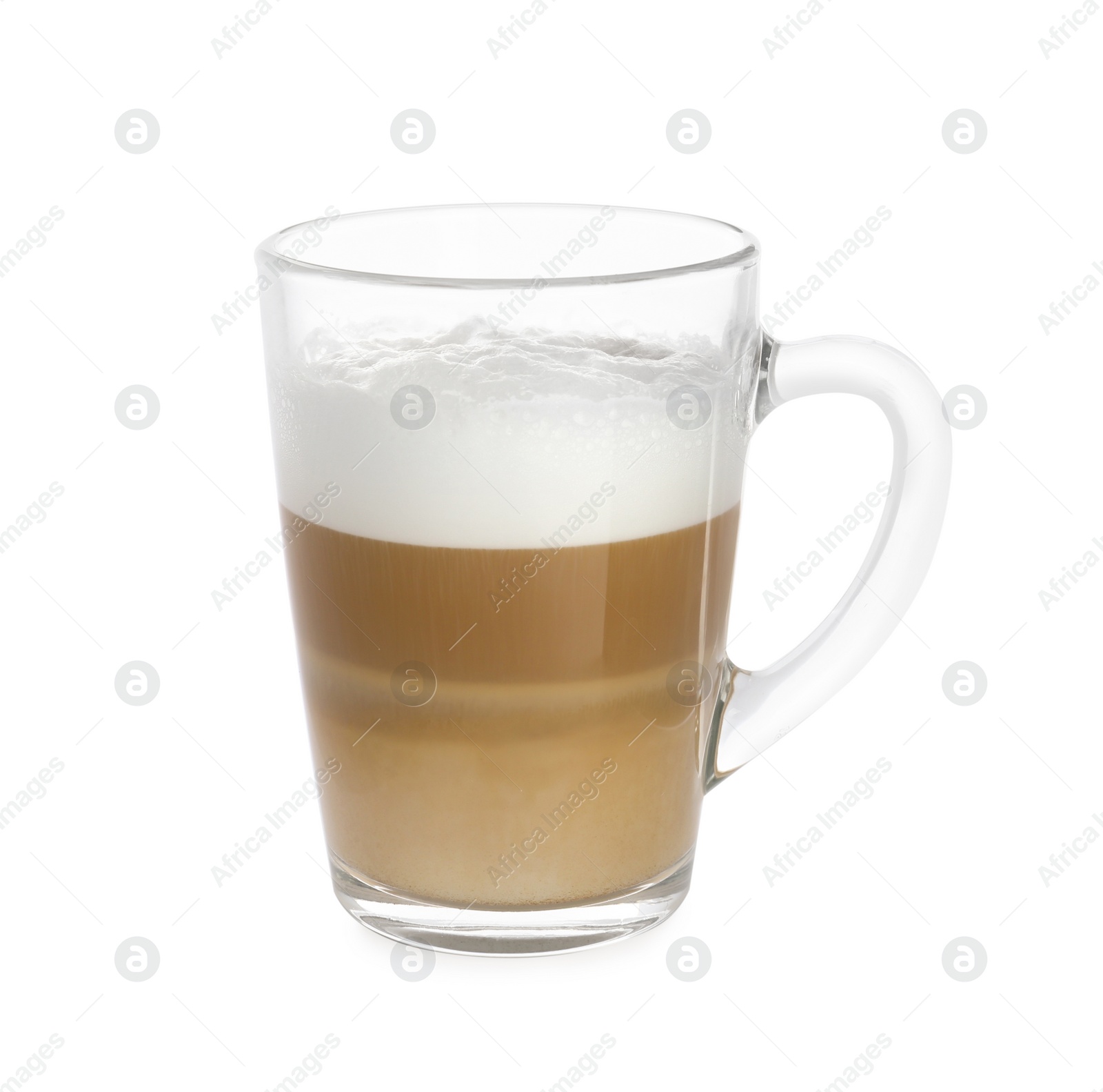 Photo of Glass cup of aromatic coffee with milk isolated on white