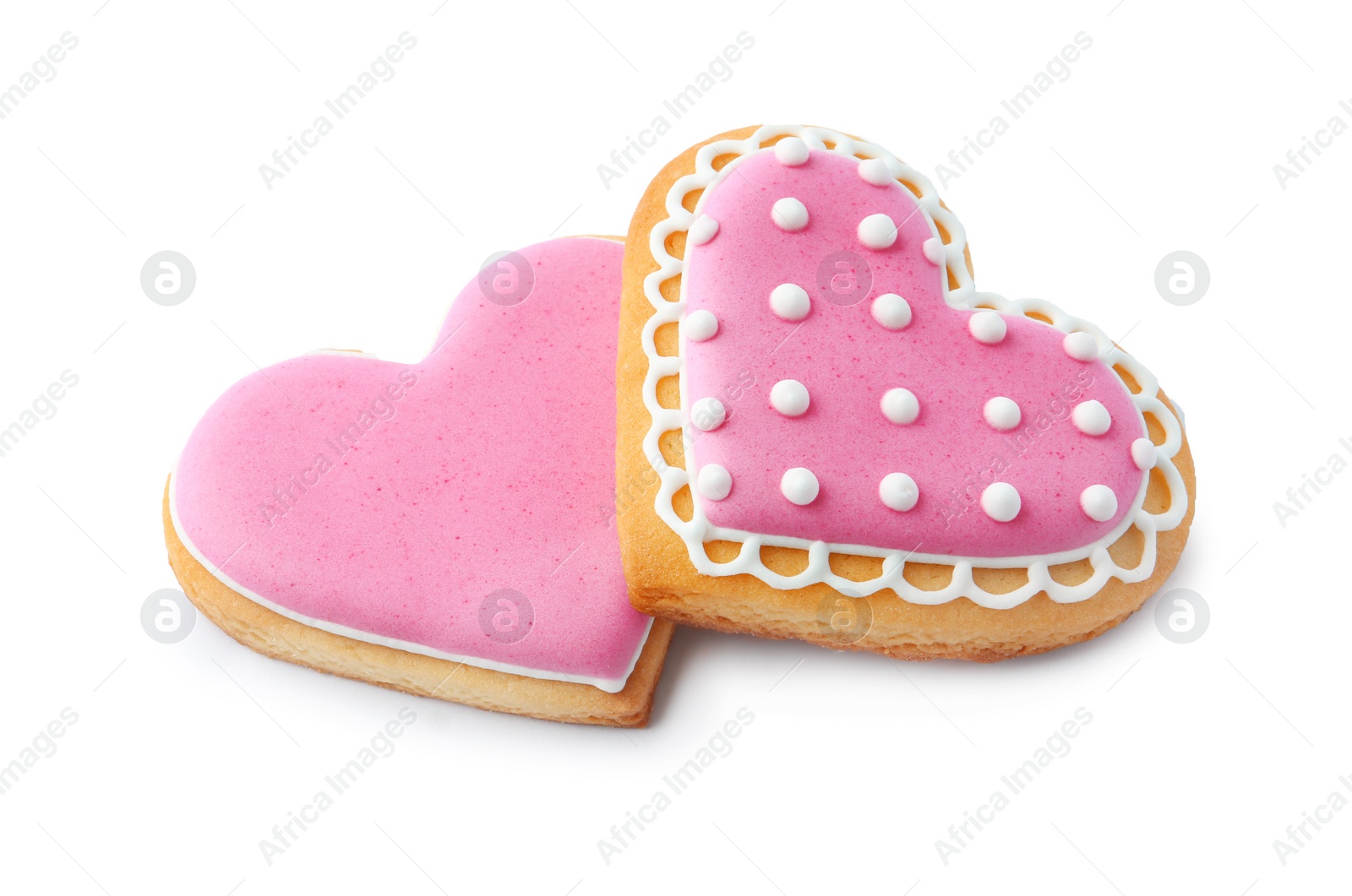 Photo of Decorated heart shaped cookies on white background