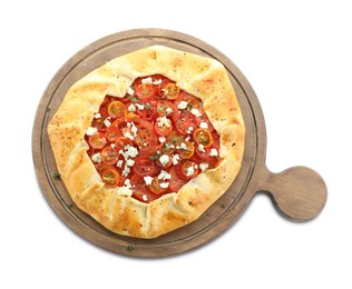 Photo of Tasty galette with tomato, thyme and cheese (Caprese galette) isolated on white, top view