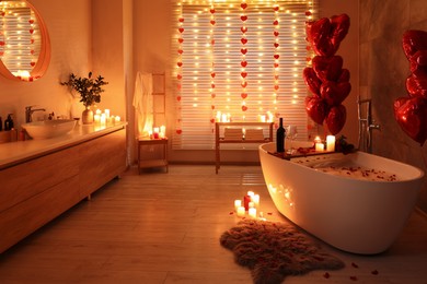 Stylish bathroom decorated for Valentine's day. Interior design