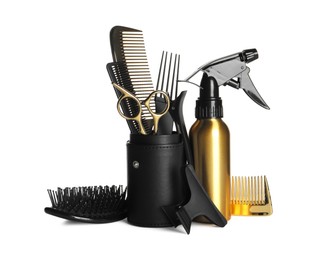 Set of professional hairdresser tools isolated on white