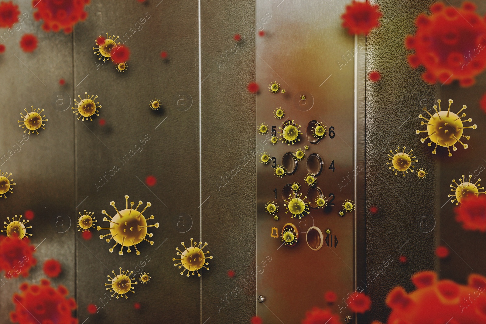 Image of Stylish elevator call panel with germs, closeup