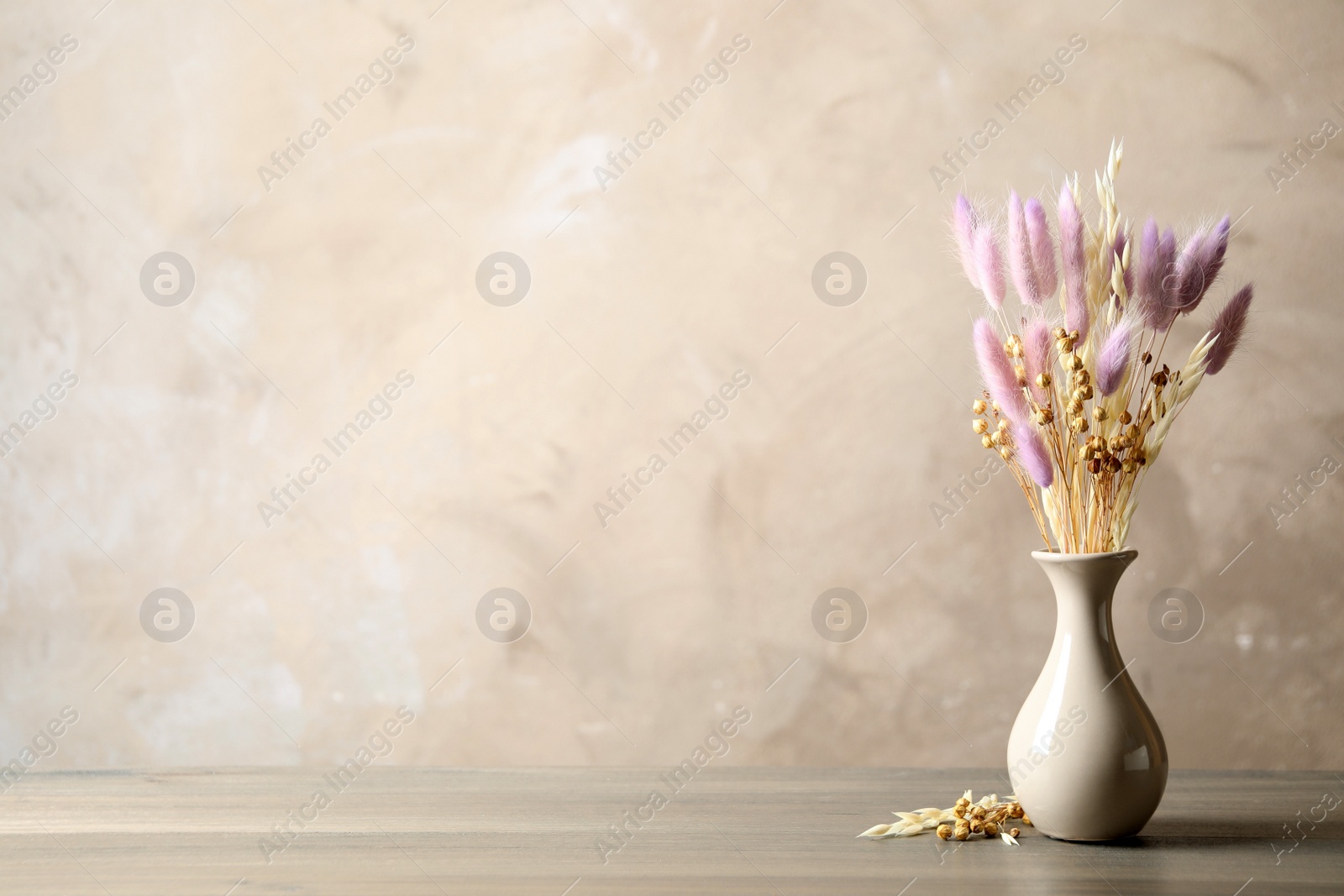 Photo of Dried flowers in vase on table against light grey background. Space for text