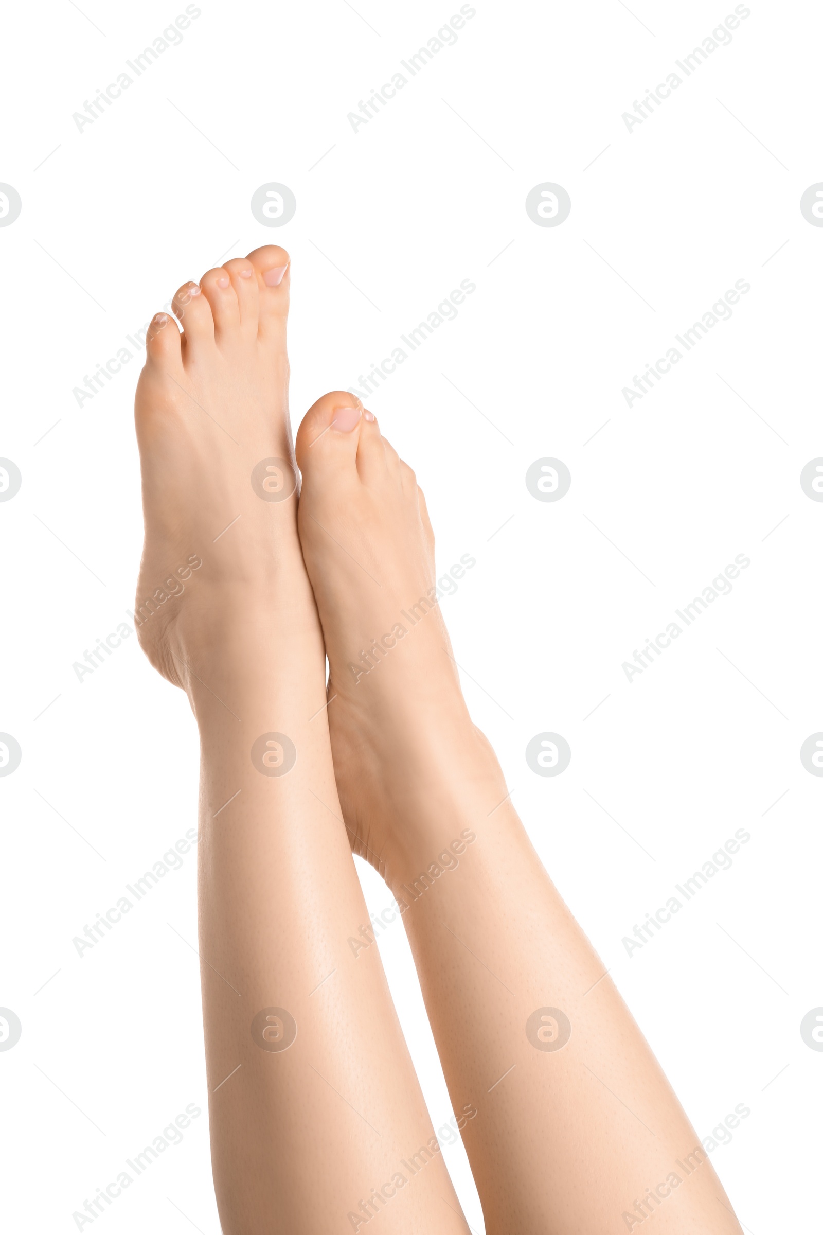 Photo of Woman with beautiful legs isolated on white, closeup