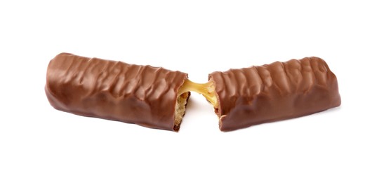 Photo of Pieces of chocolate bar with caramel on white background